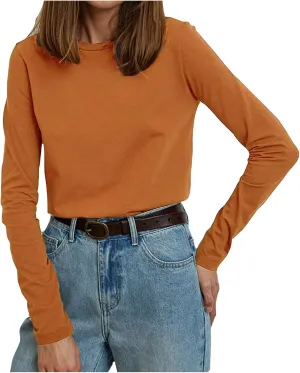 Women's Crew Neck Long Sleeve Shirts Basic Loose Fit Layering Tops Simple Classic Plain Color Pullover Fall Winter