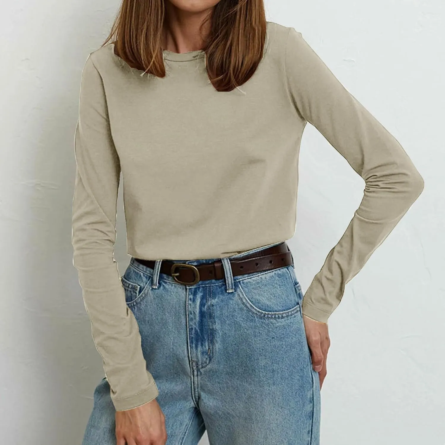 Women's Crew Neck Long Sleeve Shirts Basic Loose Fit Layering Tops Simple Classic Plain Color Pullover Fall Winter