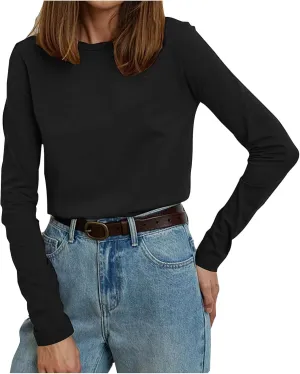 Women's Crew Neck Long Sleeve Shirts Basic Loose Fit Layering Tops Simple Classic Plain Color Pullover Fall Winter