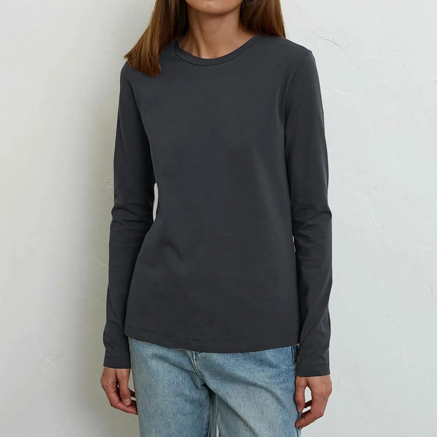 Women's Crew Neck Long Sleeve Shirts Basic Loose Fit Layering Tops Simple Classic Plain Color Pullover Fall Winter