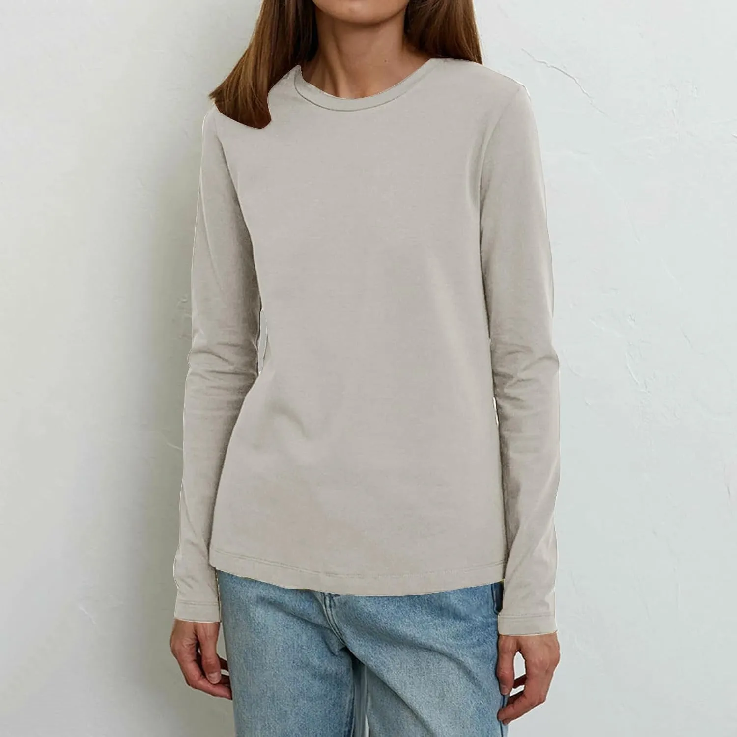 Women's Crew Neck Long Sleeve Shirts Basic Loose Fit Layering Tops Simple Classic Plain Color Pullover Fall Winter