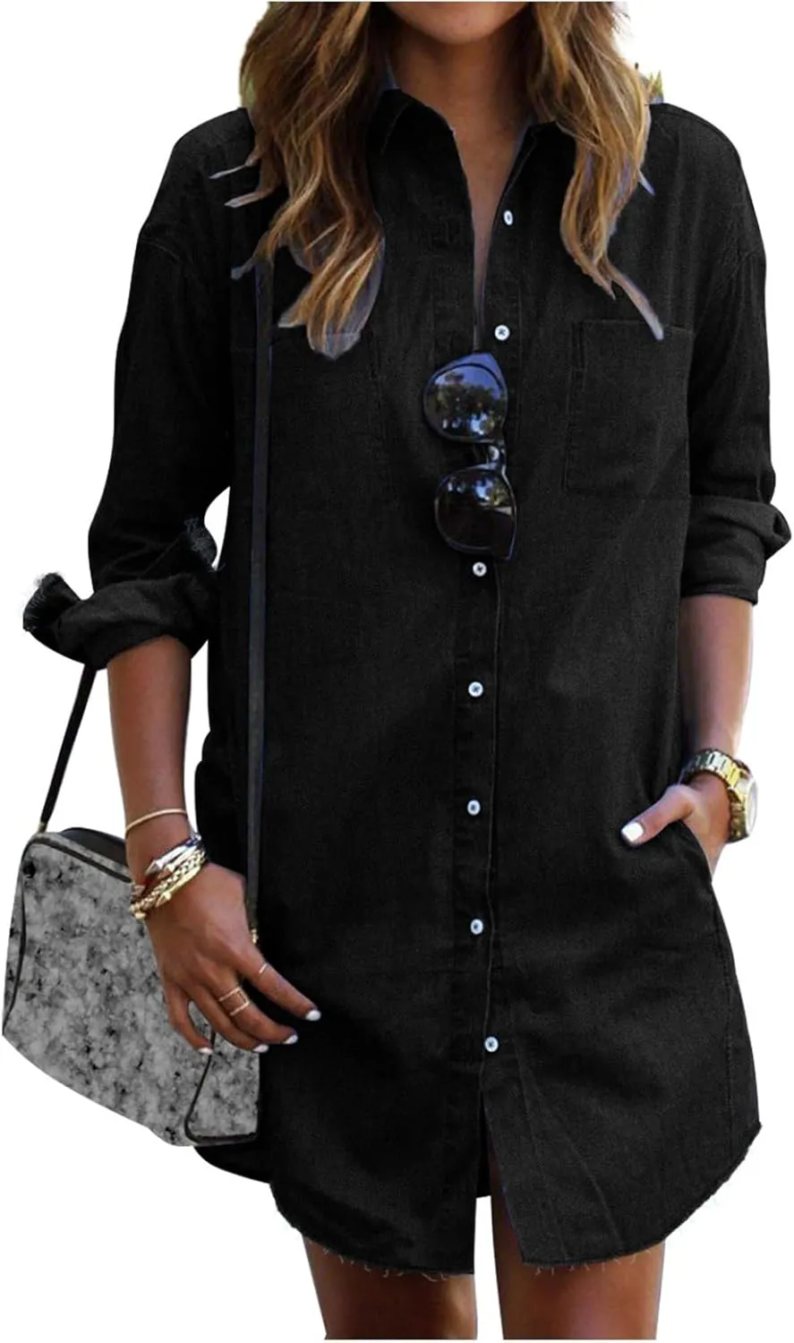 Womens Denim Shirt Long Jean Jacket Denim Button Down Shirt Casual Dressy Long Sleeve Oversized Shacket with Pockets