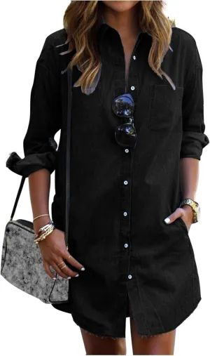Womens Denim Shirt Long Jean Jacket Denim Button Down Shirt Casual Dressy Long Sleeve Oversized Shacket with Pockets