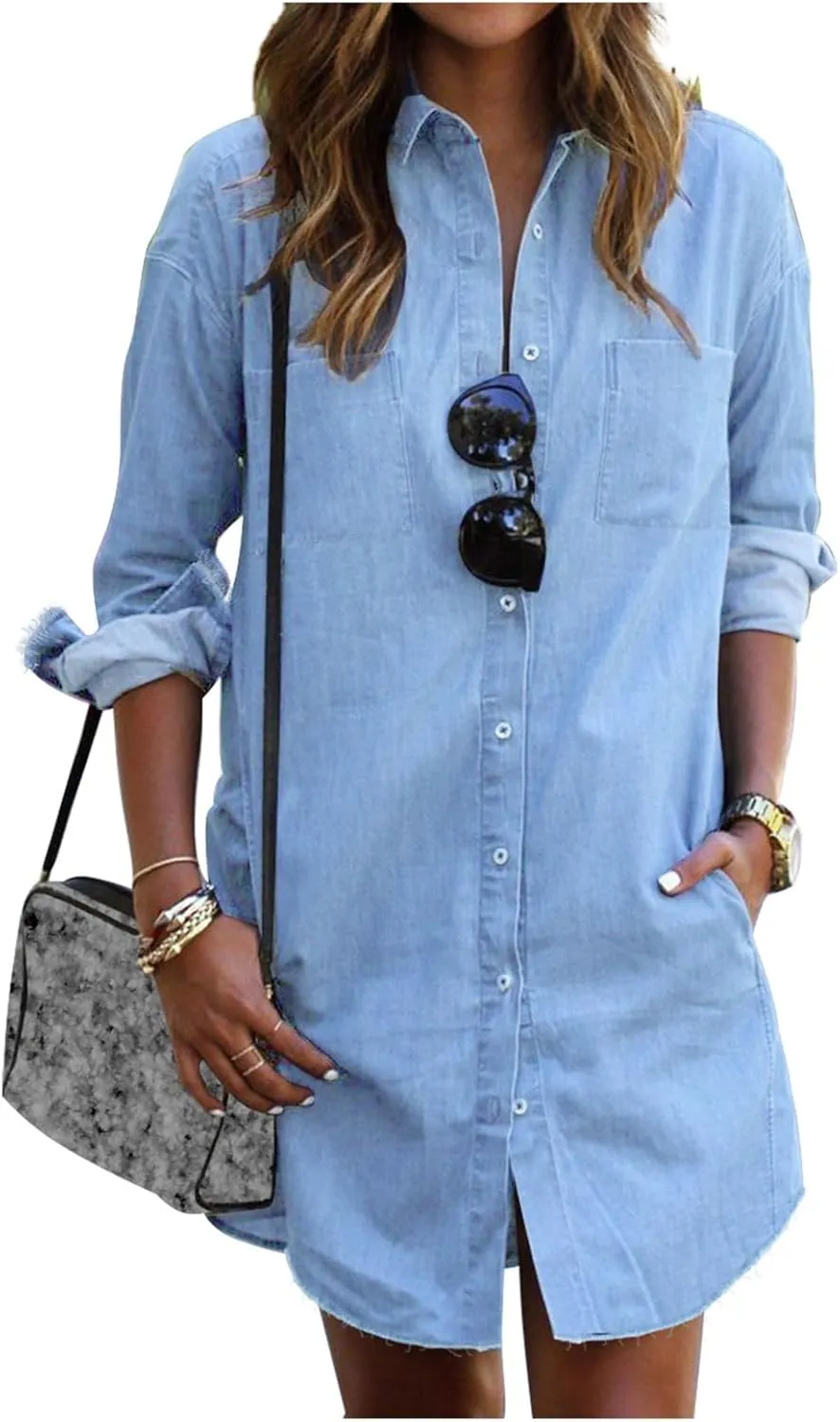 Womens Denim Shirt Long Jean Jacket Denim Button Down Shirt Casual Dressy Long Sleeve Oversized Shacket with Pockets