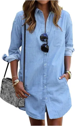 Womens Denim Shirt Long Jean Jacket Denim Button Down Shirt Casual Dressy Long Sleeve Oversized Shacket with Pockets