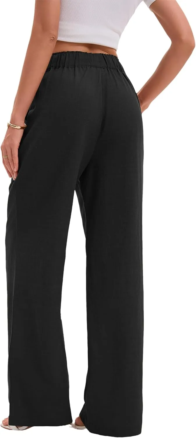 Women's Drawstring Elastic Waist Wide Leg Cotton Linen Yoga Long Pants