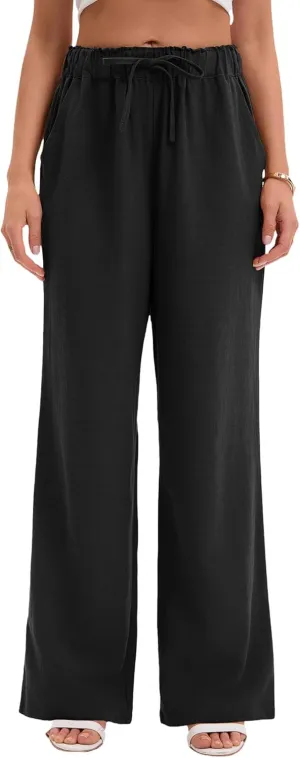 Women's Drawstring Elastic Waist Wide Leg Cotton Linen Yoga Long Pants