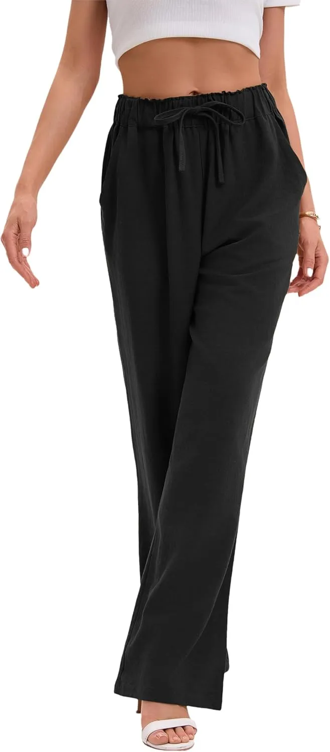 Women's Drawstring Elastic Waist Wide Leg Cotton Linen Yoga Long Pants