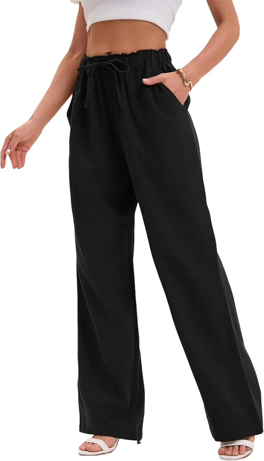 Women's Drawstring Elastic Waist Wide Leg Cotton Linen Yoga Long Pants
