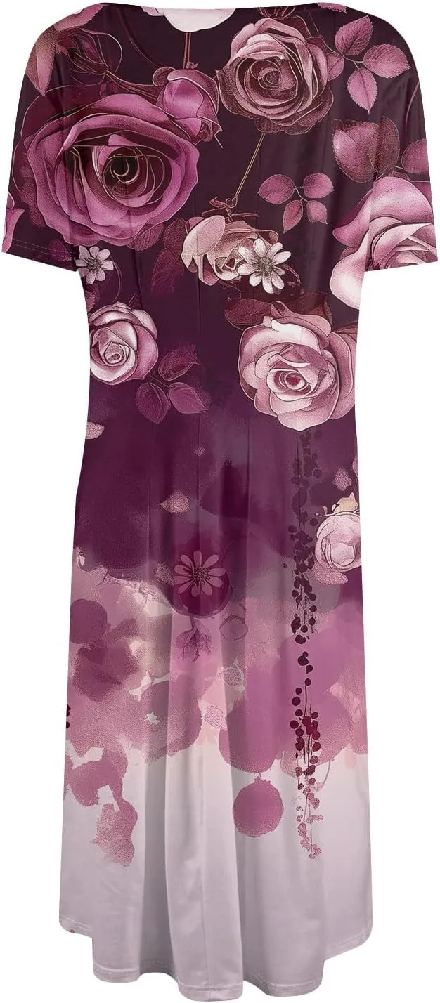 Womens Dresses Short Sleeve Summer Wrap Dress Empire Waist Floral Dress Fashion Smocked Midi Dresses with Pockets