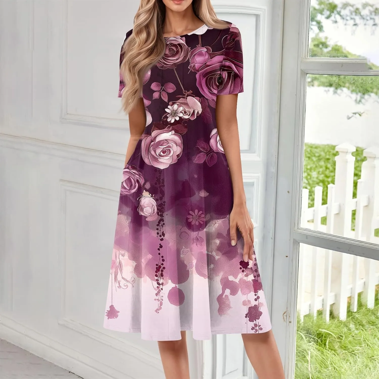 Womens Dresses Short Sleeve Summer Wrap Dress Empire Waist Floral Dress Fashion Smocked Midi Dresses with Pockets