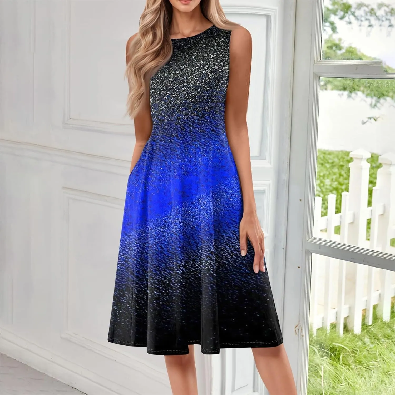 Womens Dresses Summer 2025 Empire Waist Sundresses Tank Dress Sleeveless Floral Dress Ruffle Dresses with Pockets