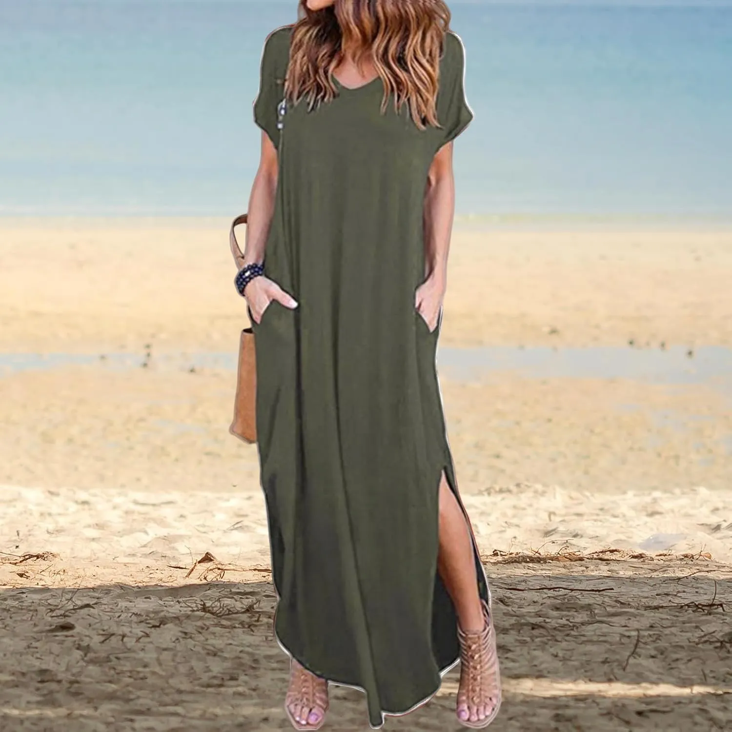 Women's Dresses Summer Plus Size Sundress Short Sleeve V Neck Dress Loose Fit Solid Color Dresses Split Dress 2025
