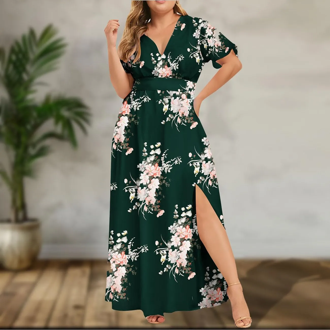 Womens Dresses Summer Plus Size V Neck Floral Print Short Sleeve Boho Dress Empire Waist Side Split Sundresses