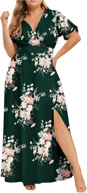 Womens Dresses Summer Plus Size V Neck Floral Print Short Sleeve Boho Dress Empire Waist Side Split Sundresses