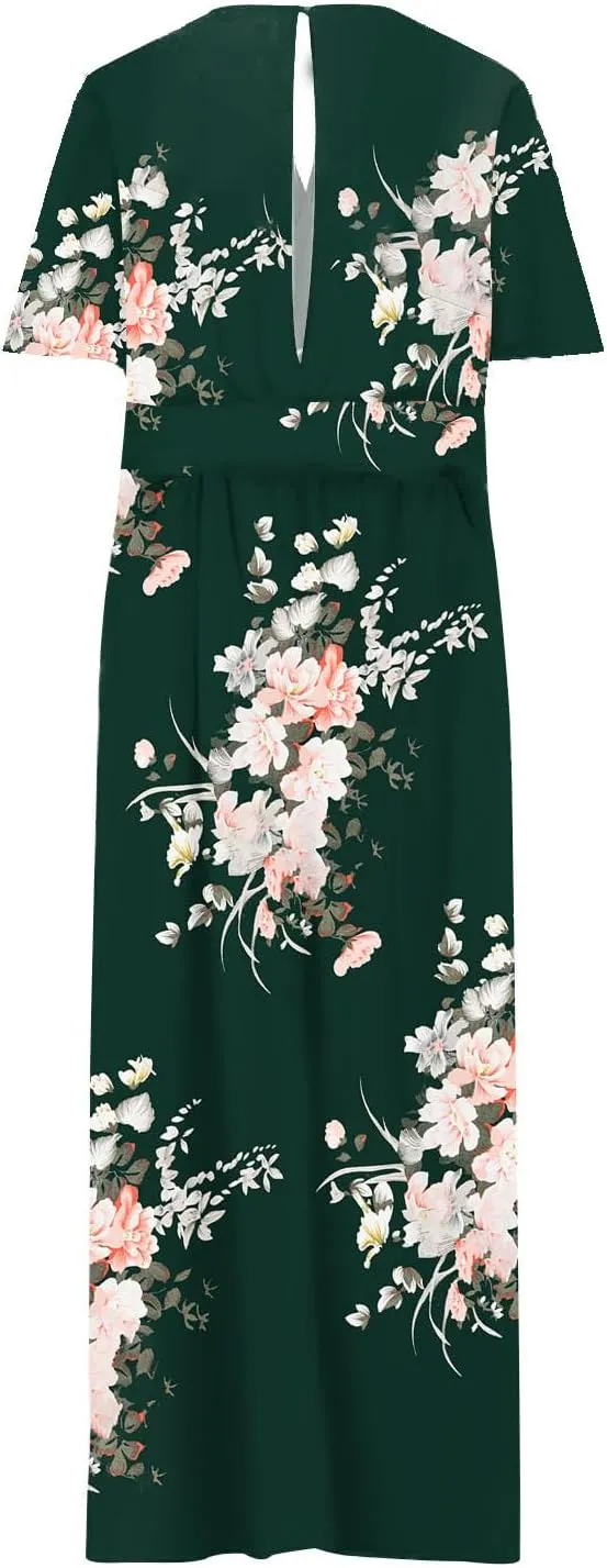 Womens Dresses Summer Plus Size V Neck Floral Print Short Sleeve Boho Dress Empire Waist Side Split Sundresses