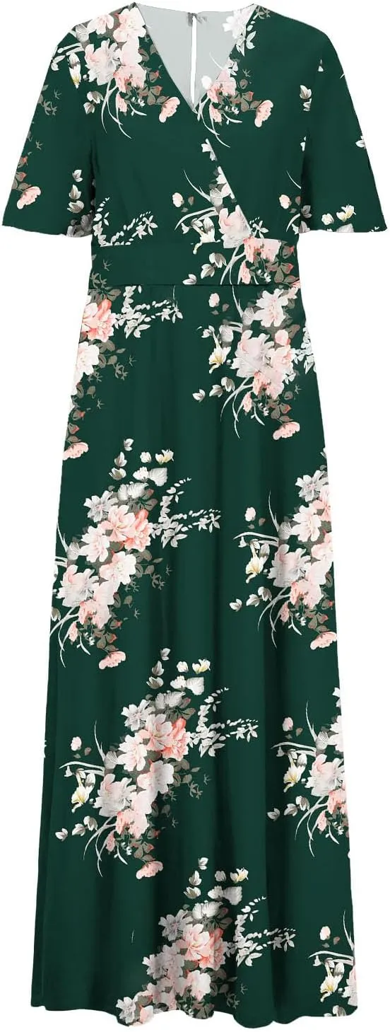 Womens Dresses Summer Plus Size V Neck Floral Print Short Sleeve Boho Dress Empire Waist Side Split Sundresses