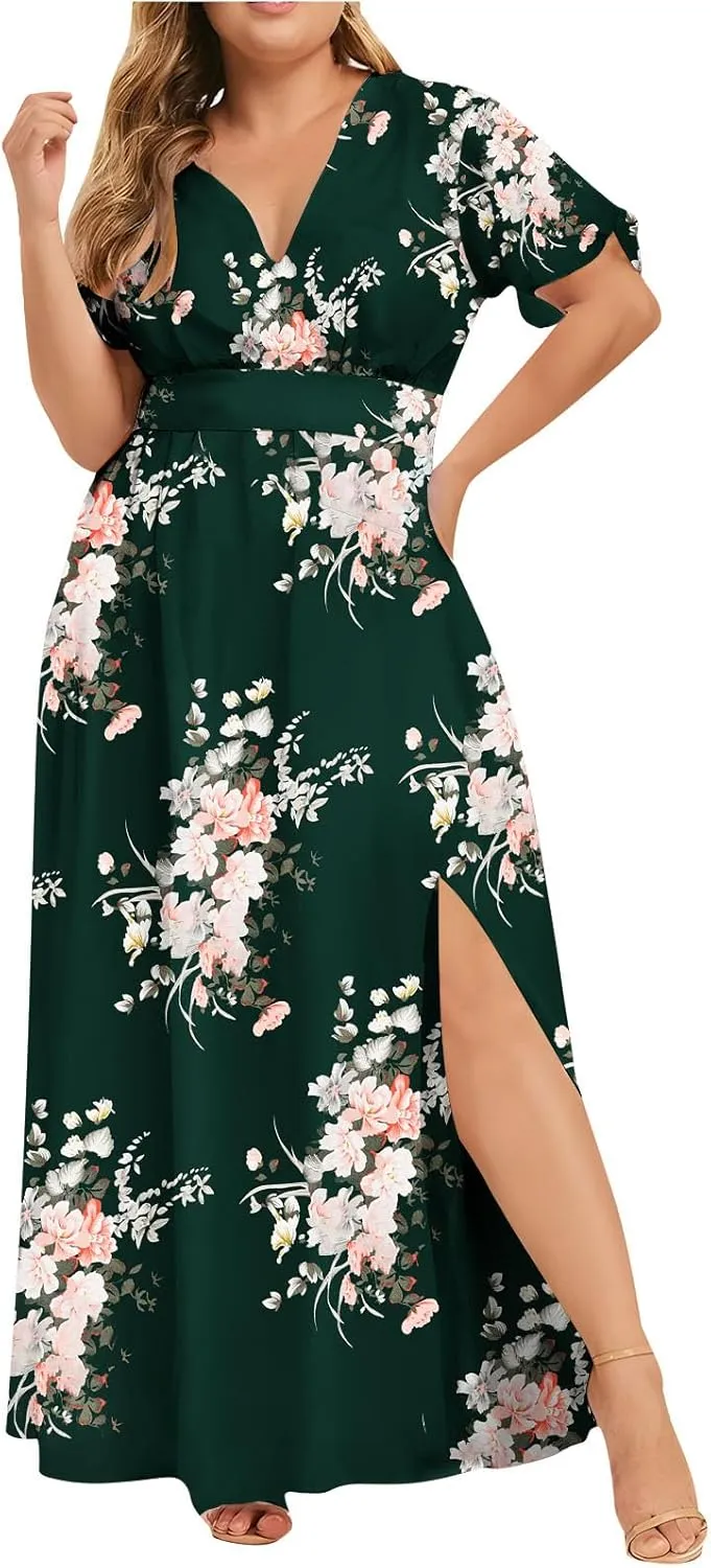 Womens Dresses Summer Plus Size V Neck Floral Print Short Sleeve Boho Dress Empire Waist Side Split Sundresses