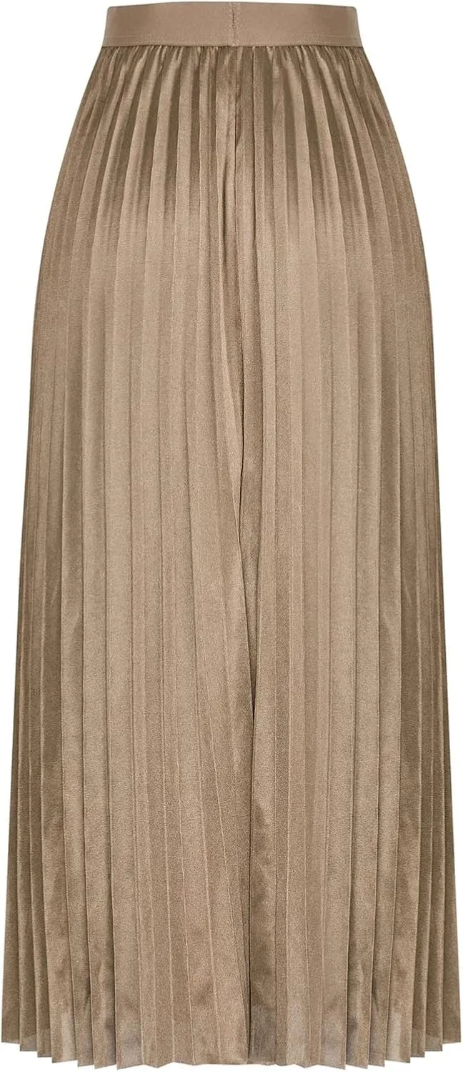 Womens Elastic High Waist Flowy Pleated Skirt Swing A-line Beach Maxi Skirts Business Casual Outfits Elegant Dress