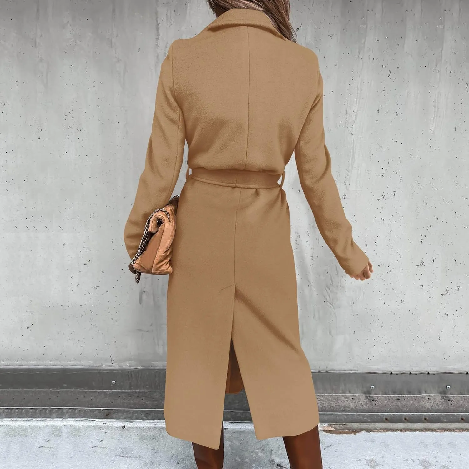 Womens Fall Wool Blend Coats 2024 Classic Open Front Belted Long Jacket Outerwear Casual Fashion Formal Coat(Plus Size)