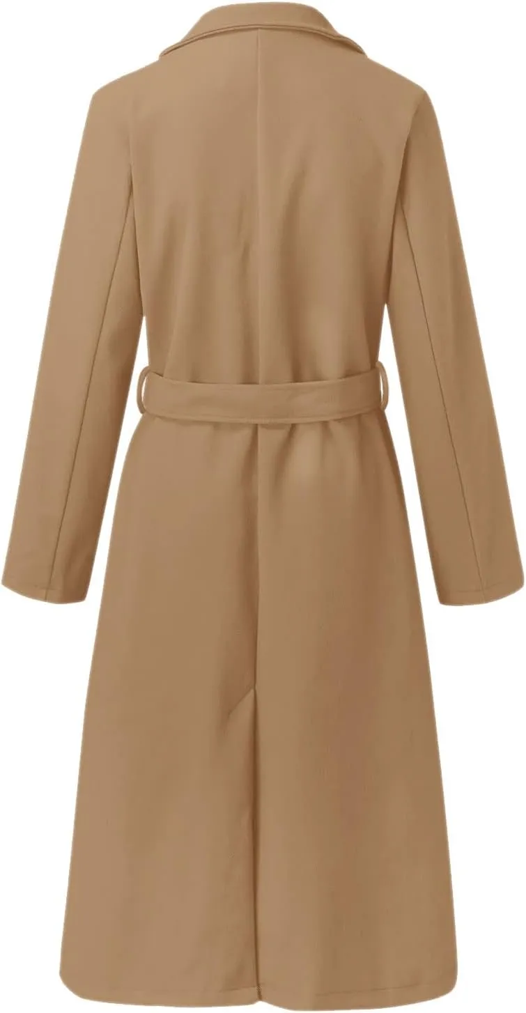 Womens Fall Wool Blend Coats 2024 Classic Open Front Belted Long Jacket Outerwear Casual Fashion Formal Coat(Plus Size)