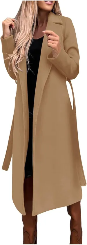 Womens Fall Wool Blend Coats 2024 Classic Open Front Belted Long Jacket Outerwear Casual Fashion Formal Coat(Plus Size)