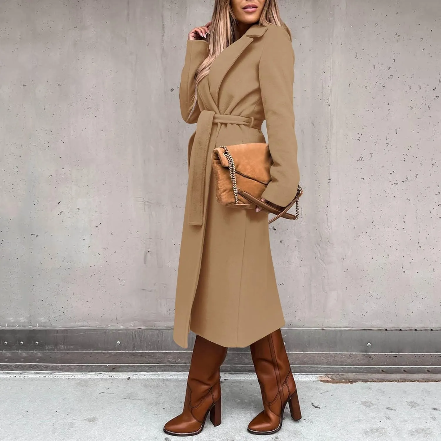 Womens Fall Wool Blend Coats 2024 Classic Open Front Belted Long Jacket Outerwear Casual Fashion Formal Coat(Plus Size)