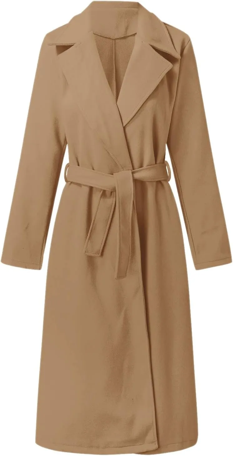 Womens Fall Wool Blend Coats 2024 Classic Open Front Belted Long Jacket Outerwear Casual Fashion Formal Coat(Plus Size)