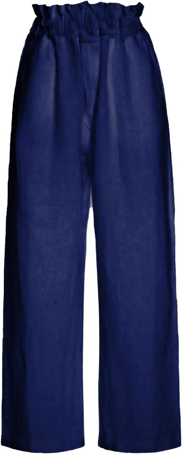 Women's Fashion Cotton Linen Paperbag Trousers Solid Color Loose Fit High Waisted Straight Wide Leg Pants with Pockets