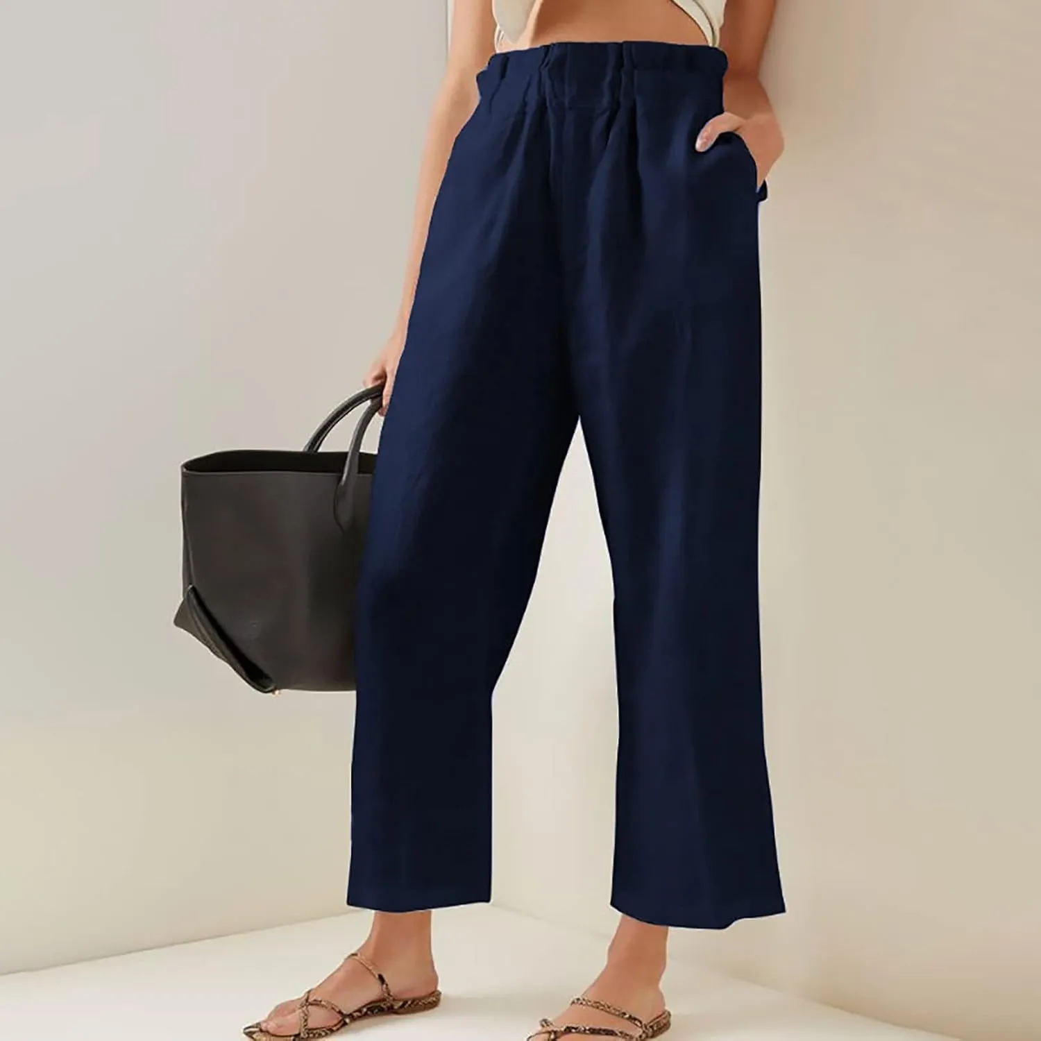Women's Fashion Cotton Linen Paperbag Trousers Solid Color Loose Fit High Waisted Straight Wide Leg Pants with Pockets