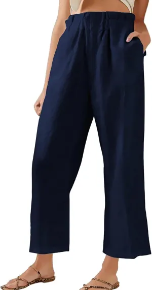 Women's Fashion Cotton Linen Paperbag Trousers Solid Color Loose Fit High Waisted Straight Wide Leg Pants with Pockets