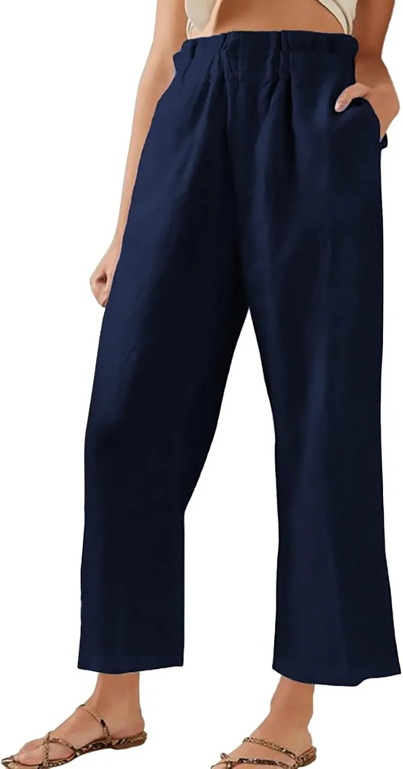 Women's Fashion Cotton Linen Paperbag Trousers Solid Color Loose Fit High Waisted Straight Wide Leg Pants with Pockets