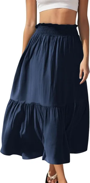 Women's Fashion Paperbag High Waisted Skirts Boho A-Line Tiered Flowy Skirts Vacation Vintage Cottagecore Maxi Skirt