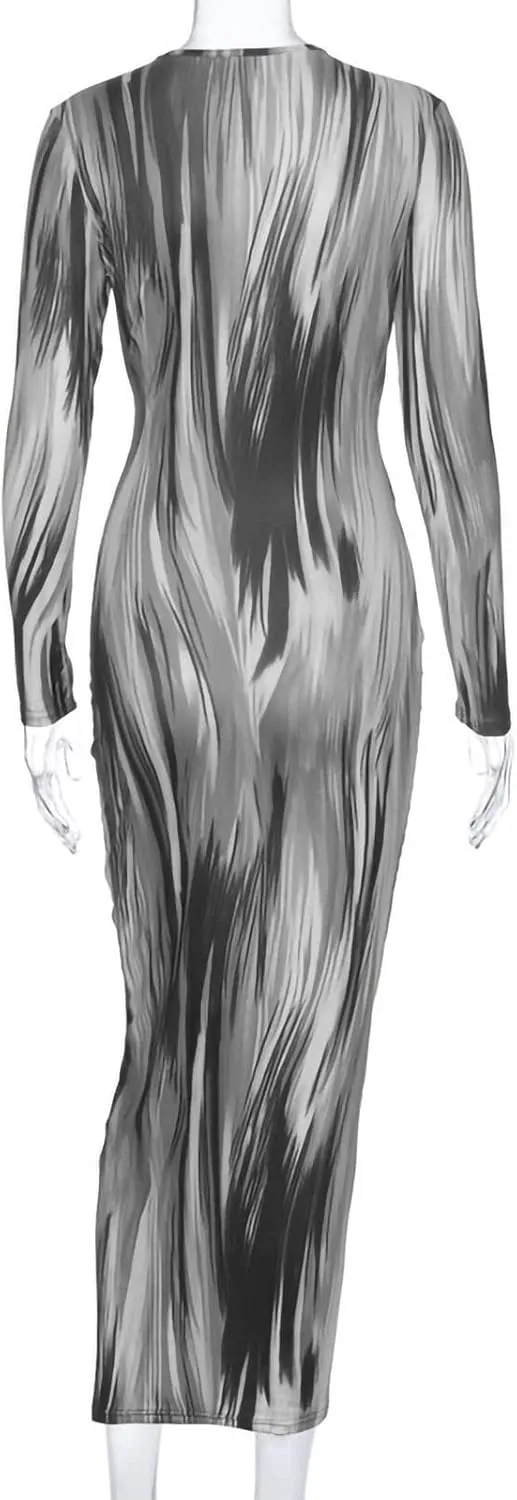 Women's Fashion Sexy Ruched Long Sleeve Midi Club Party Bodycon Dress Casual Tie Dye Printed Pencil Dresses