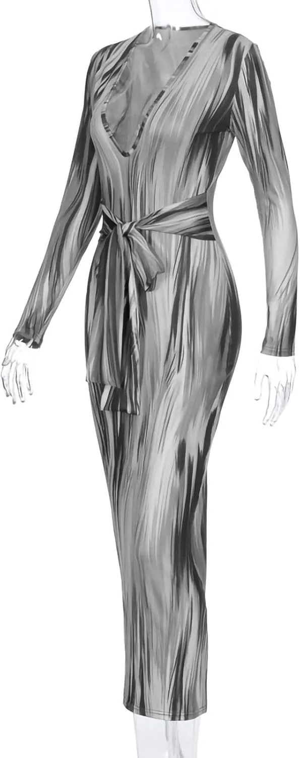 Women's Fashion Sexy Ruched Long Sleeve Midi Club Party Bodycon Dress Casual Tie Dye Printed Pencil Dresses