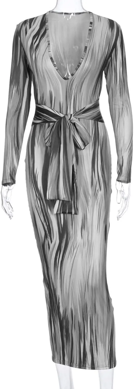 Women's Fashion Sexy Ruched Long Sleeve Midi Club Party Bodycon Dress Casual Tie Dye Printed Pencil Dresses
