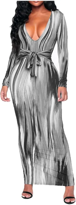 Women's Fashion Sexy Ruched Long Sleeve Midi Club Party Bodycon Dress Casual Tie Dye Printed Pencil Dresses