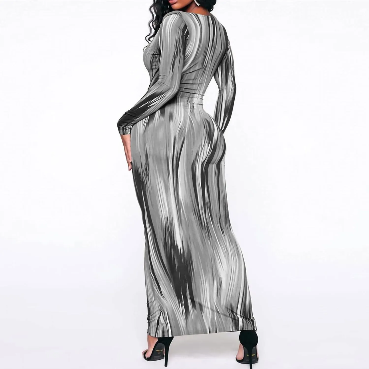Women's Fashion Sexy Ruched Long Sleeve Midi Club Party Bodycon Dress Casual Tie Dye Printed Pencil Dresses