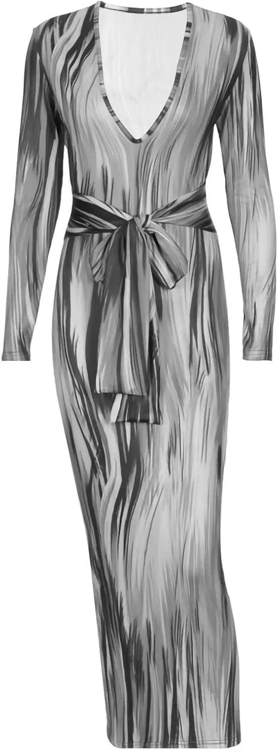 Women's Fashion Sexy Ruched Long Sleeve Midi Club Party Bodycon Dress Casual Tie Dye Printed Pencil Dresses