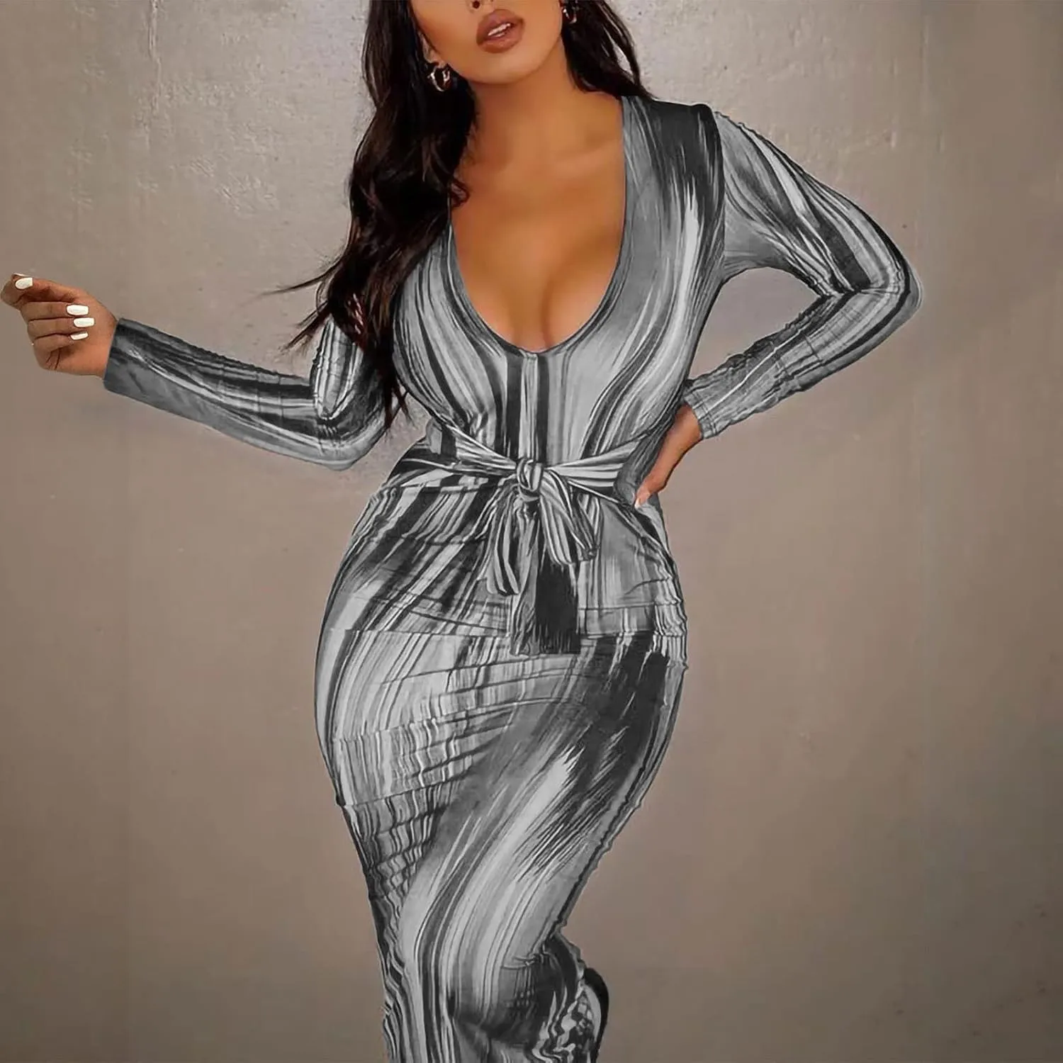 Women's Fashion Sexy Ruched Long Sleeve Midi Club Party Bodycon Dress Casual Tie Dye Printed Pencil Dresses