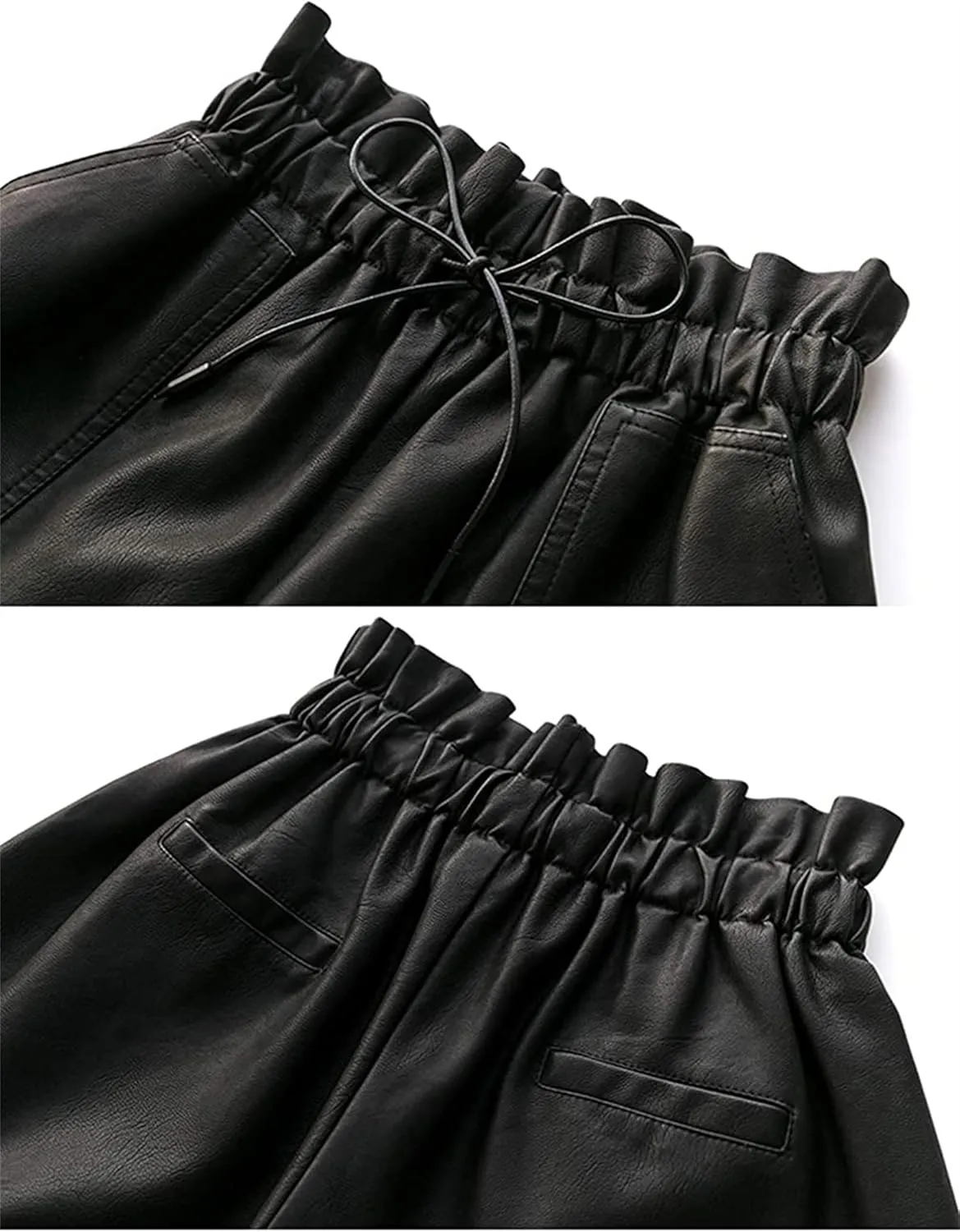 Womens Faux Leather Shorts High Waisted Drawstring Paperbag Leather Shorts