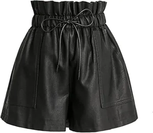 Womens Faux Leather Shorts High Waisted Drawstring Paperbag Leather Shorts
