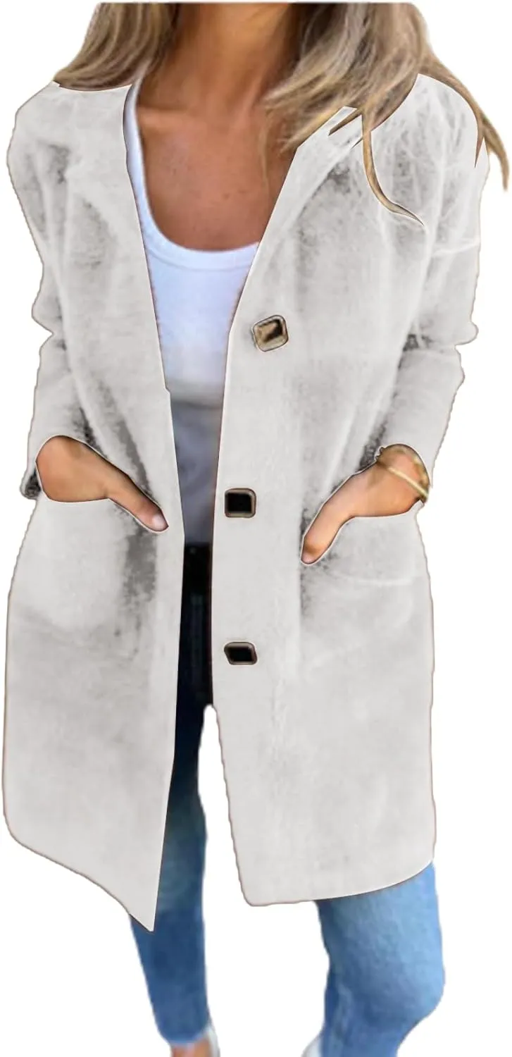 Womens Fleece Jacket Wool Blend Mid Long Overcoat Button Down Lapel Sherpa Shacket Jacket Casual Pea Coat