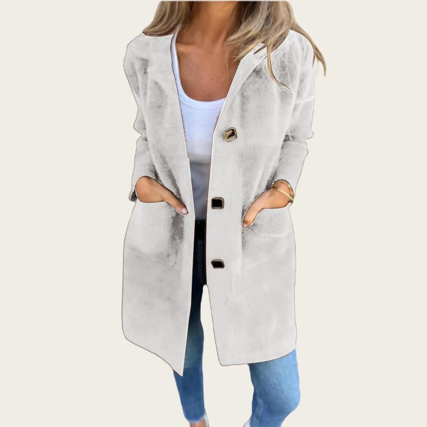 Womens Fleece Jacket Wool Blend Mid Long Overcoat Button Down Lapel Sherpa Shacket Jacket Casual Pea Coat