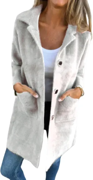 Womens Fleece Jacket Wool Blend Mid Long Overcoat Button Down Lapel Sherpa Shacket Jacket Casual Pea Coat