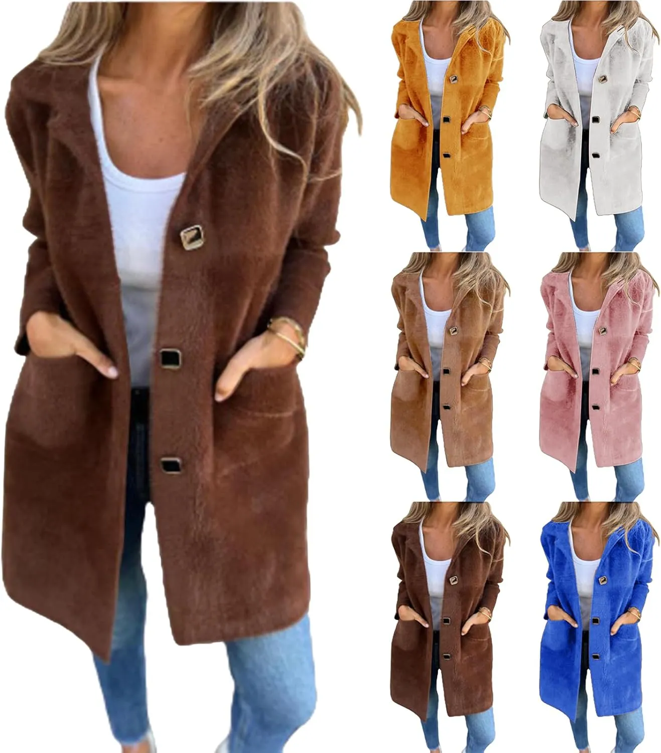 Womens Fleece Jacket Wool Blend Mid Long Overcoat Button Down Lapel Sherpa Shacket Jacket Casual Pea Coat