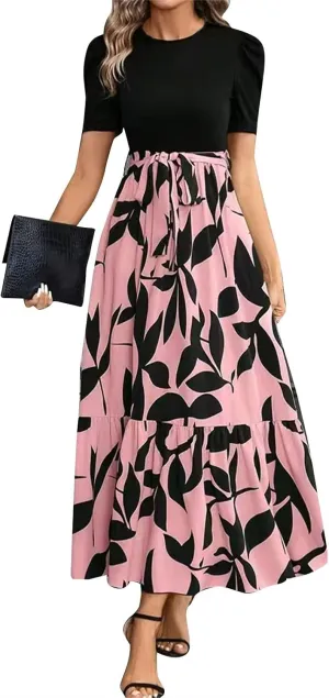 Womens Floral Maxi Dress Short Sleeve Empire Waist Elegant Long Dress with Belt Summer Casual Vintage Flowy Dresses