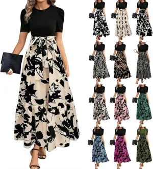 Womens Floral Maxi Dress Short Sleeve Empire Waist Elegant Long Dress with Belt Summer Casual Vintage Flowy Dresses