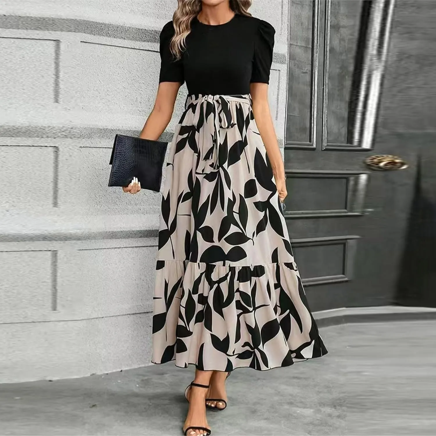 Womens Floral Maxi Dress Short Sleeve Empire Waist Elegant Long Dress with Belt Summer Casual Vintage Flowy Dresses