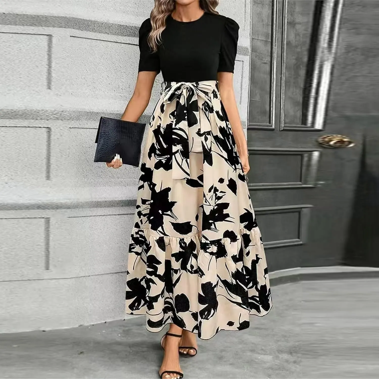 Womens Floral Maxi Dress Short Sleeve Empire Waist Elegant Long Dress with Belt Summer Casual Vintage Flowy Dresses